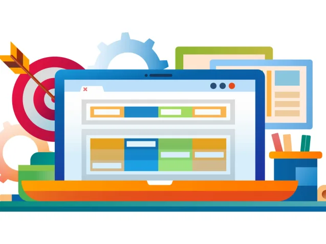 Marketing - vector modern flat design illustration with laptop, work place, darts